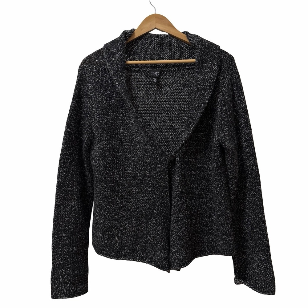 Eileen Fisher Womens Italian Yarn Wool Blend Shawl Cardigan Size L Black Minimal